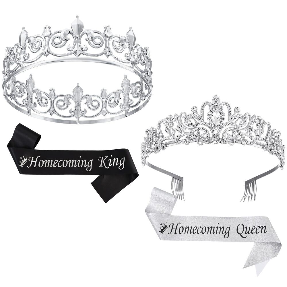 6702 4 Pcs Homecoming King and Homecoming Queen Crown Set with Sashes Prom